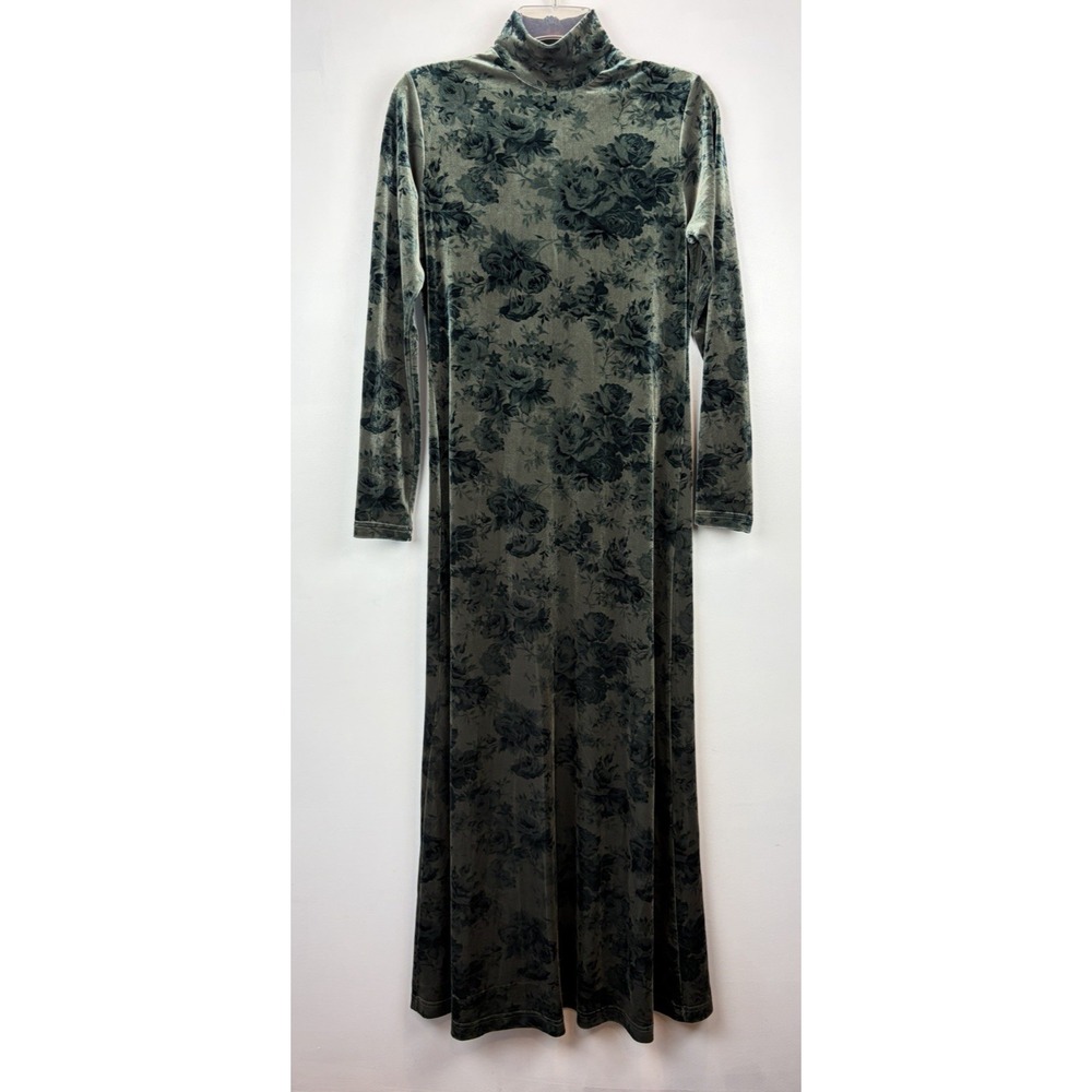 Maxi Dress Green Velour Womens Small Floral Print Mock Neck Whimigoth Goth